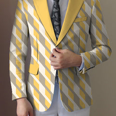 A men's regular fit suit jacket featuring a yellow and grey geometric print and a lapel collar.