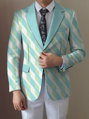 A man wears a regular fit casual suit jacket featuring a light blue, green, and white striped print.