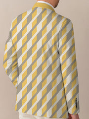 A men's regular fit casual suit jacket featuring a yellow and grey geometric print pattern.