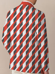A man wears a regular fit casual suit jacket featuring a red, white, and grey geometric pattern.