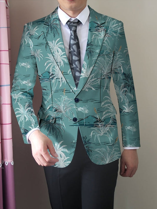 Men's Coconut Trees Print Blazer Jacket, Regular Fit, Button Closure, Suit Lapel, All - Season Wear - SHOWLU FASHION STORE