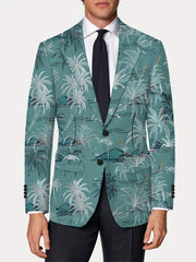 A men's regular fit blazer in a teal green coconut tree print with a button closure and lapel.