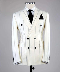 A white double-breasted blazer with black pinstripes, a black tie, and a black pocket square.