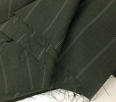 A close-up view of dark green fabric featuring a subtle white pinstripe pattern.