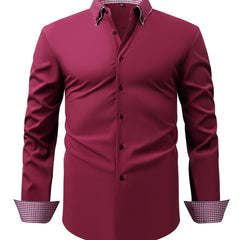 Men's Elegant Long - Sleeve Shirt with Plaid Collar - Business Casual, Stretch Fabric, Easy Care - SHOWLU FASHION STORE