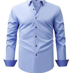 Men's Elegant Long - Sleeve Shirt with Plaid Collar - Business Casual, Stretch Fabric, Easy Care - SHOWLU FASHION STORE