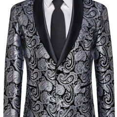 A men's black and silver paisley patterned suit jacket with a black satin shawl lapel.