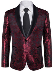 A men's slim-fit burgundy and black paisley patterned blazer with a black shawl lapel.