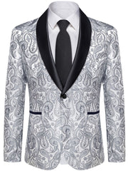 A white and grey paisley patterned men's suit jacket with a black shawl lapel and one button.