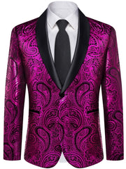 A vibrant magenta paisley patterned men's suit jacket with a black shawl lapel and a black tie.