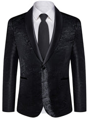 A black paisley patterned suit jacket with a satin shawl lapel, white shirt, and black tie.