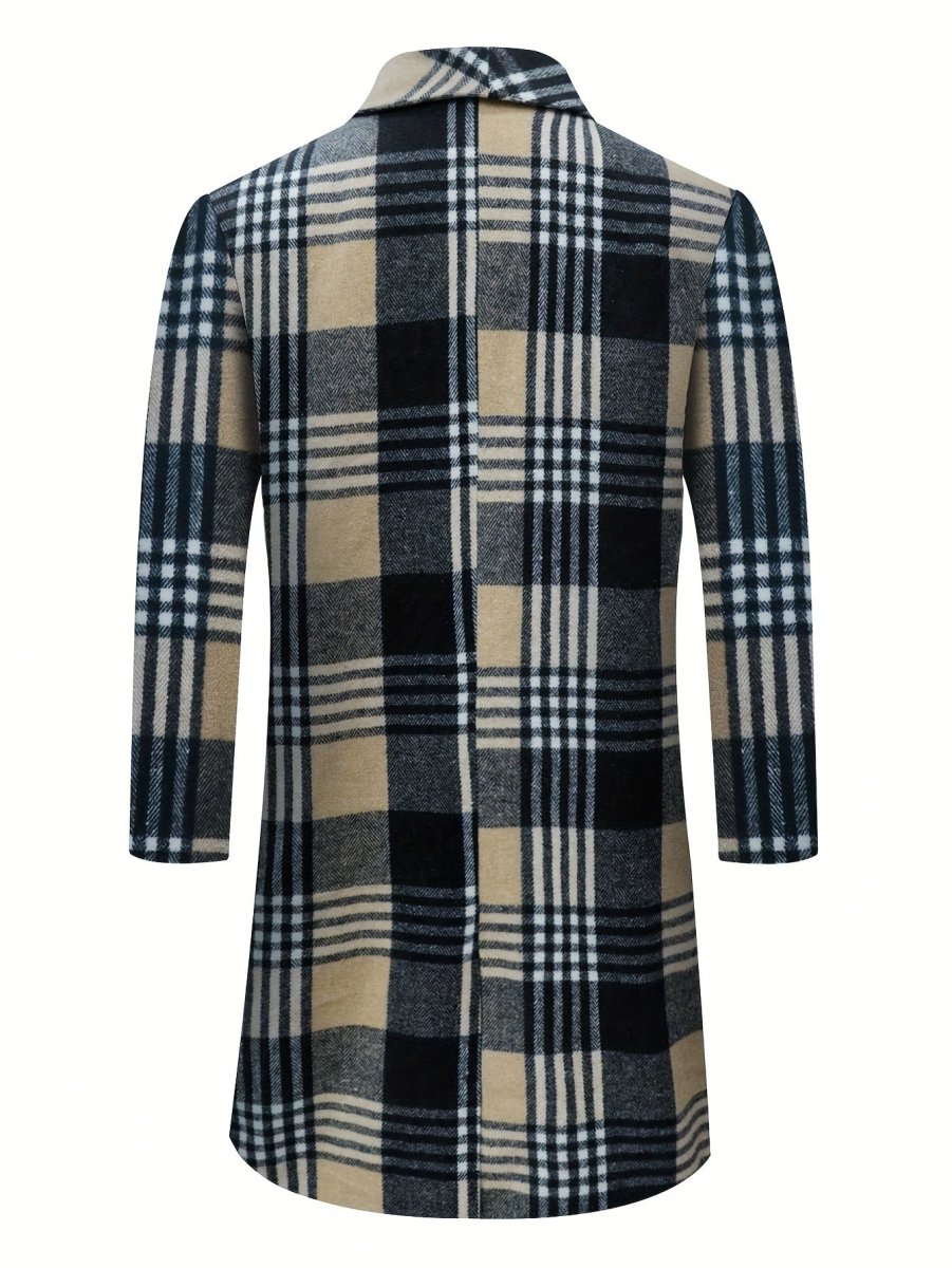 Men's Elegant Plaid Overcoat - British Style Mid - Length Warm Coat with Pockets, Polyester Blend, Perfect for Fall/Winter Fashion - SHOWLU FASHION STORE