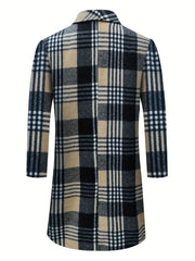 Men's Elegant Plaid Overcoat - British Style Mid - Length Warm Coat with Pockets, Polyester Blend, Perfect for Fall/Winter Fashion - SHOWLU FASHION STORE