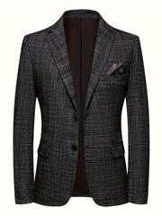 A men's single-breasted blazer in a dark grey marble pattern with notch lapels and two buttons.