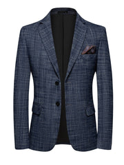 A blue single-breasted blazer with a subtle plaid pattern, notch lapels, and two front buttons.