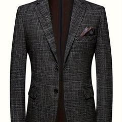 A men's single-breasted blazer in a dark grey marble pattern with notch lapels and two buttons.