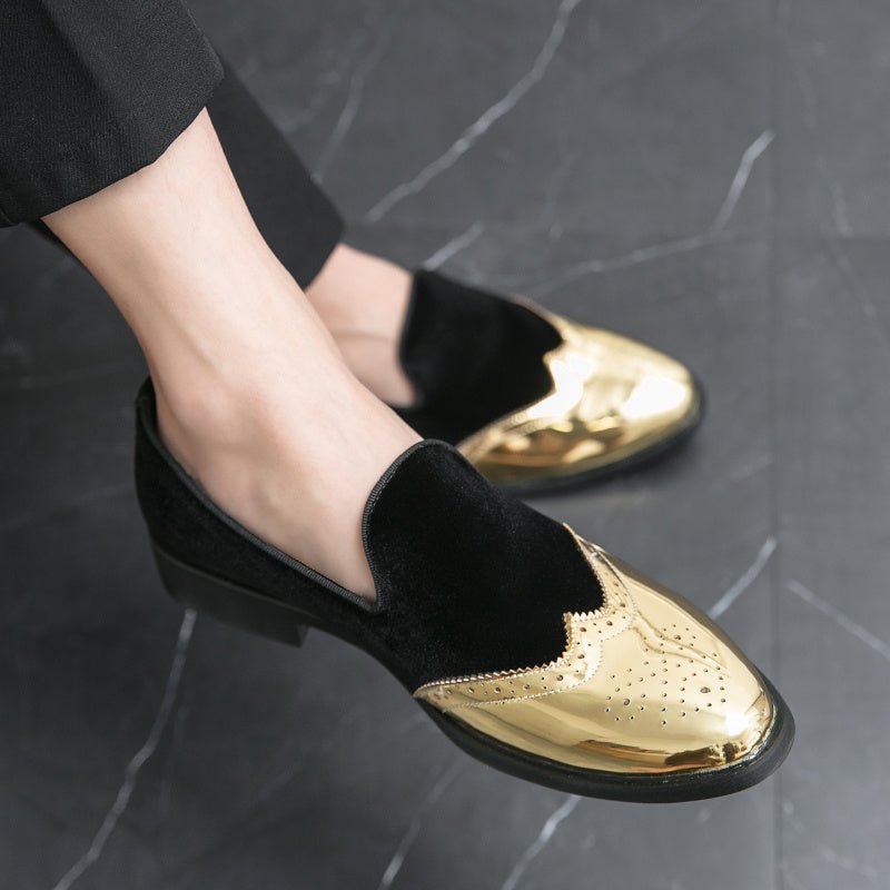 Men's Elegant Slip - On Loafers - Stylish Red & Golden Wingtip Dress Shoes for Weddings, Business, and Casual Events, Round Toe with Rubber Sole, PU Upper Material, Perfect for All Seasons - SHOWLU FASHION STORE