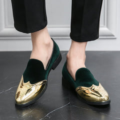 Men's Elegant Slip - On Loafers - Stylish Red & Golden Wingtip Dress Shoes for Weddings, Business, and Casual Events, Round Toe with Rubber Sole, PU Upper Material, Perfect for All Seasons - SHOWLU FASHION STORE