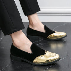 Men's Elegant Slip - On Loafers - Stylish Red & Golden Wingtip Dress Shoes for Weddings, Business, and Casual Events, Round Toe with Rubber Sole, PU Upper Material, Perfect for All Seasons - SHOWLU FASHION STORE