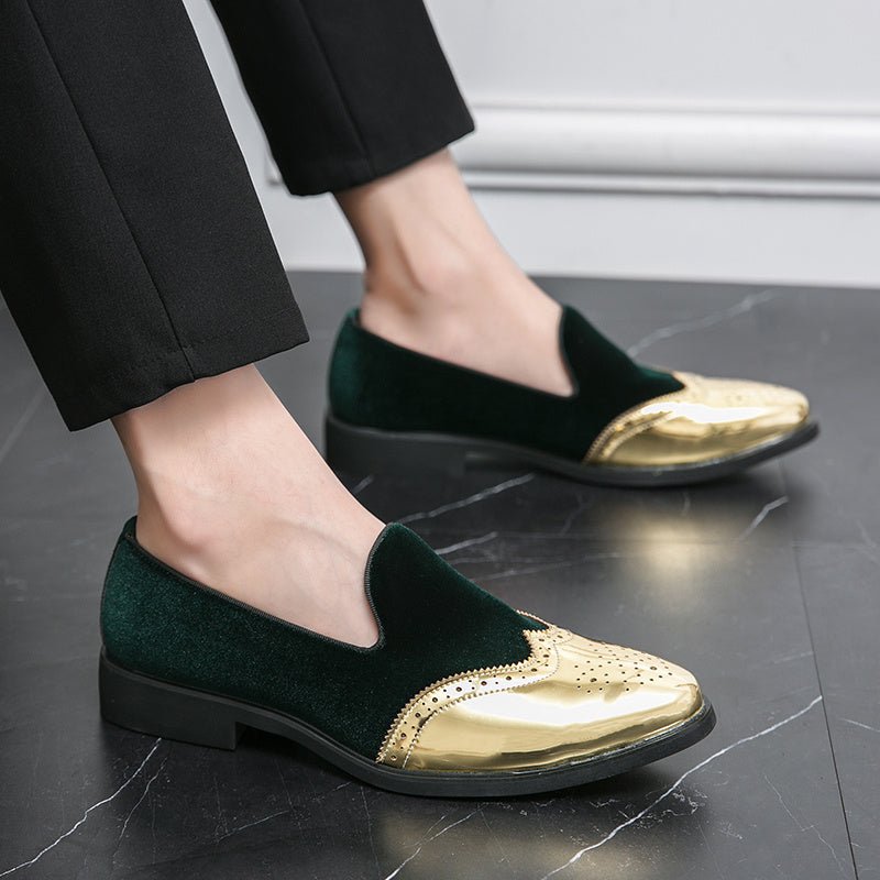 Men's Elegant Slip - On Loafers - Stylish Red & Golden Wingtip Dress Shoes for Weddings, Business, and Casual Events, Round Toe with Rubber Sole, PU Upper Material, Perfect for All Seasons - SHOWLU FASHION STORE