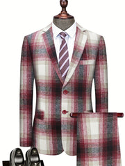 A men's red and beige plaid suit jacket with a matching pair of trousers and a striped tie.