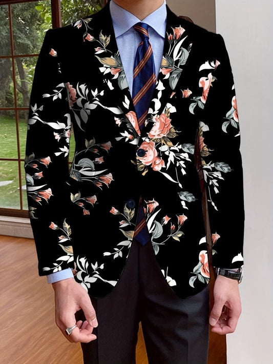 Men's Floral Blazer, Polyester, Long Sleeve, Regular Fit, Solid Color, Single - Breasted, No Belt, Non - Waterproof, Suitable for All Seasons, Mature Style, Men's Fashion Outerwear - SHOWLU FASHION STORE