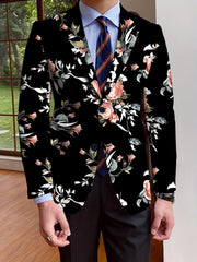 A man wears a black single-breasted blazer featuring an all-over floral print.