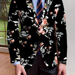 A man wears a black single-breasted blazer featuring an all-over floral print.