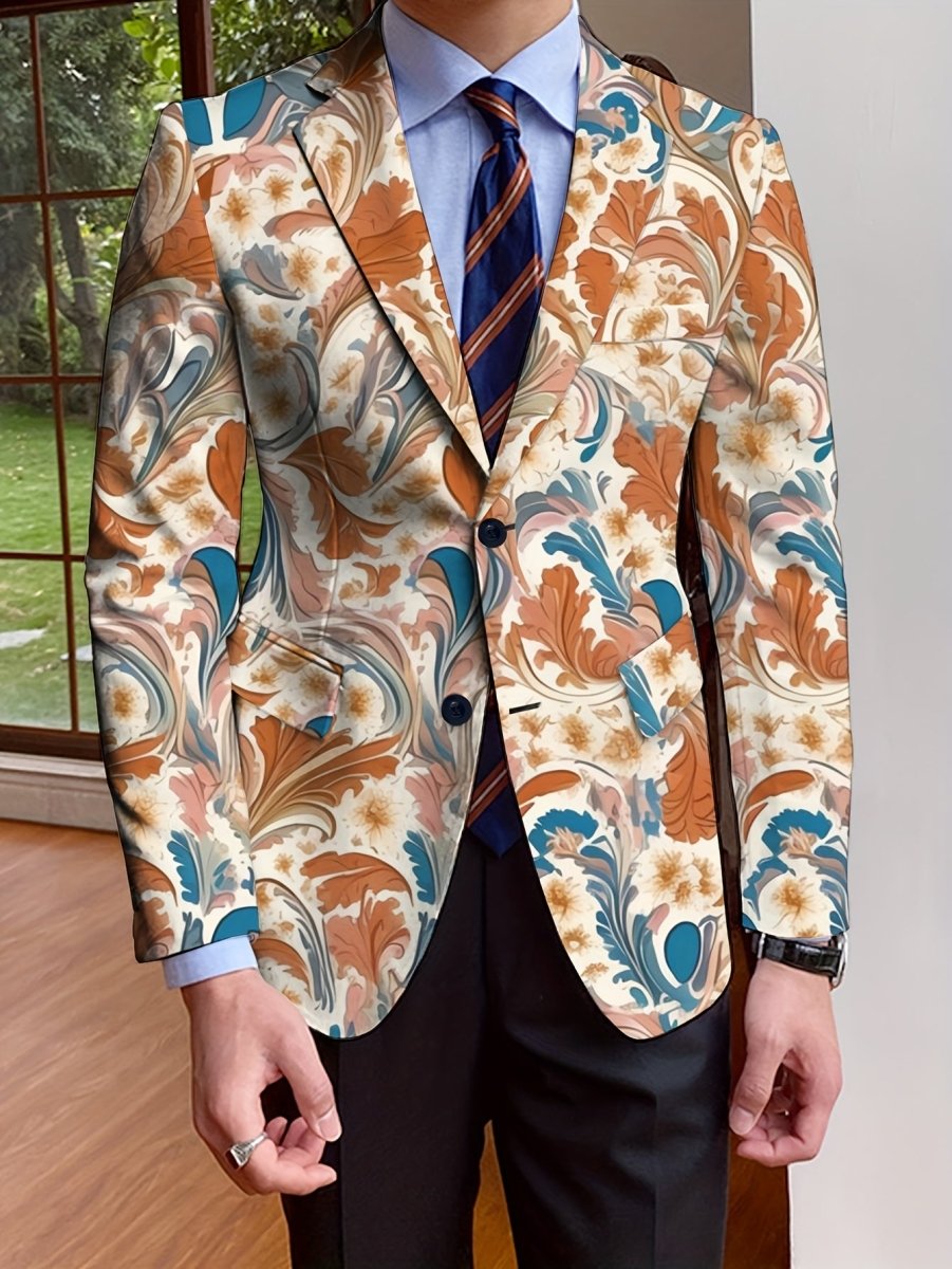A man wears a single-breasted floral blazer with a light blue shirt and a striped tie.
