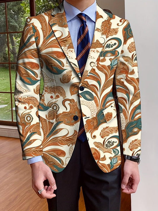 Men's Floral Blazer, Polyester, Long Sleeve, Regular Fit, Solid Color, Single - Breasted, No Belt, Non - Waterproof, Suitable for All Seasons, Mature Style, Men's Fashion Outerwear - SHOWLU FASHION STORE