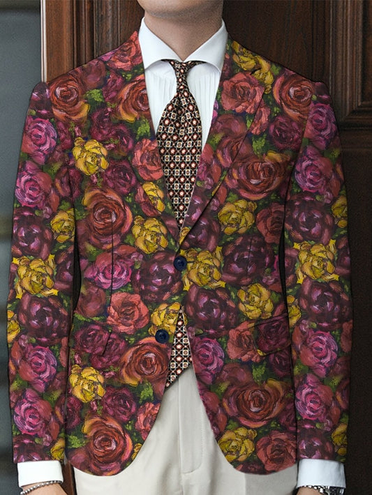 Men'S Floral Pattern Suit Jacket, Casual Lapel Collar, All - Season Polyester Blazer with Slight Stretch, Regular Fit, Button Detail, Woven Fabric, 280gsm Weight - Elegant Formal Wear - SHOWLU FASHION STORE
