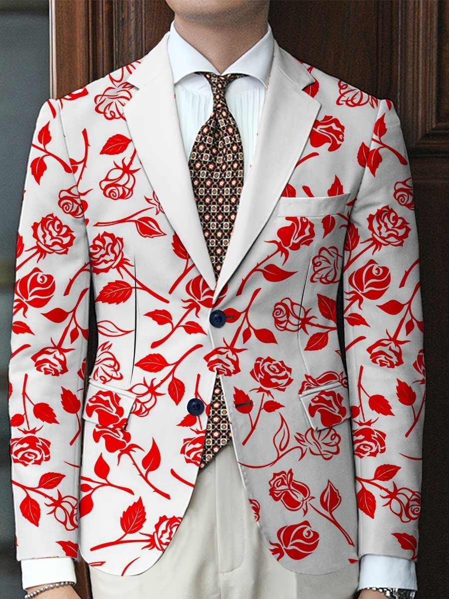 Men'S Floral Pattern Suit Jacket, Casual Lapel Collar, All - Season Polyester Blazer with Slight Stretch, Regular Fit, Button Detail, Woven Fabric, 280gsm Weight - Elegant Formal Wear - SHOWLU FASHION STORE