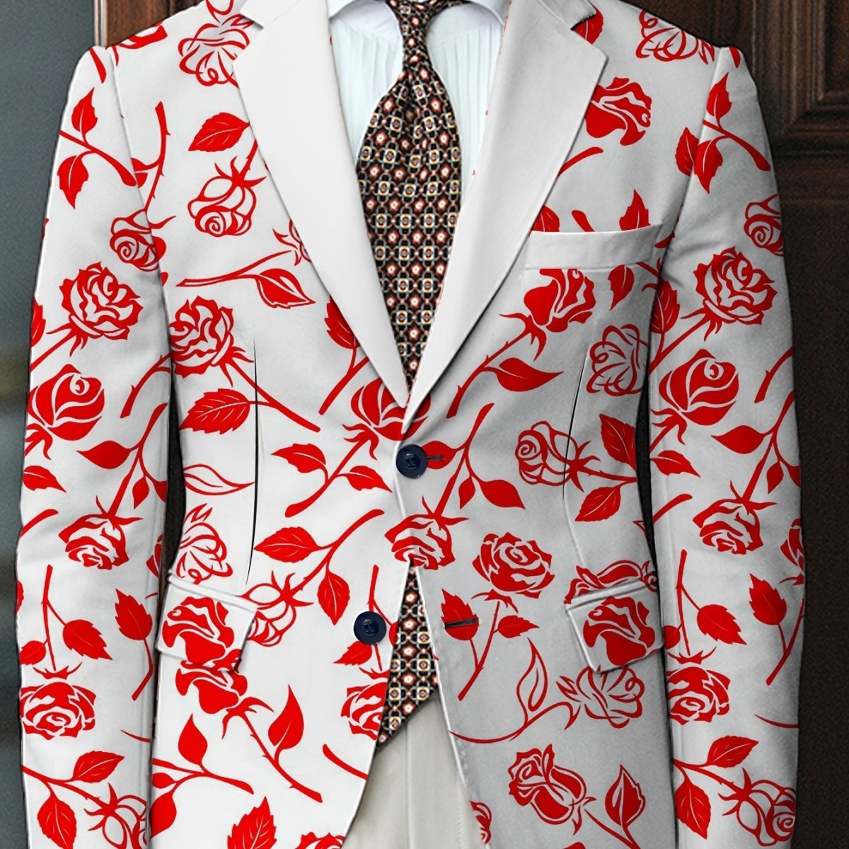 Men'S Floral Pattern Suit Jacket, Casual Lapel Collar, All - Season Polyester Blazer with Slight Stretch, Regular Fit, Button Detail, Woven Fabric, 280gsm Weight - Elegant Formal Wear - SHOWLU FASHION STORE