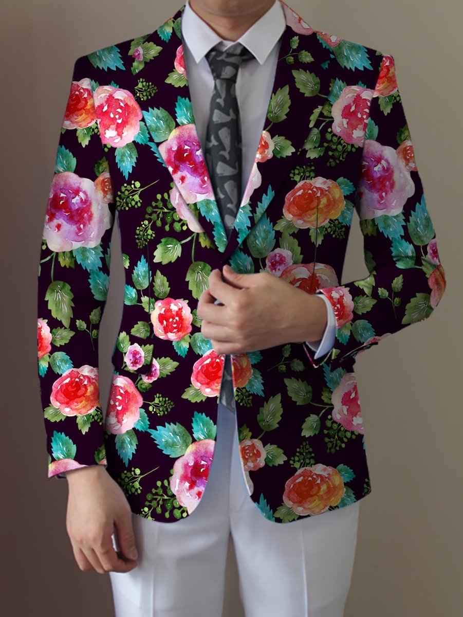 Men'S Floral Pattern Suit Jacket, Casual Lapel Collar, All - Season Polyester Blazer with Slight Stretch, Regular Fit, Button Detail, Woven Fabric, 280gsm Weight - Elegant Formal Wear - SHOWLU FASHION STORE