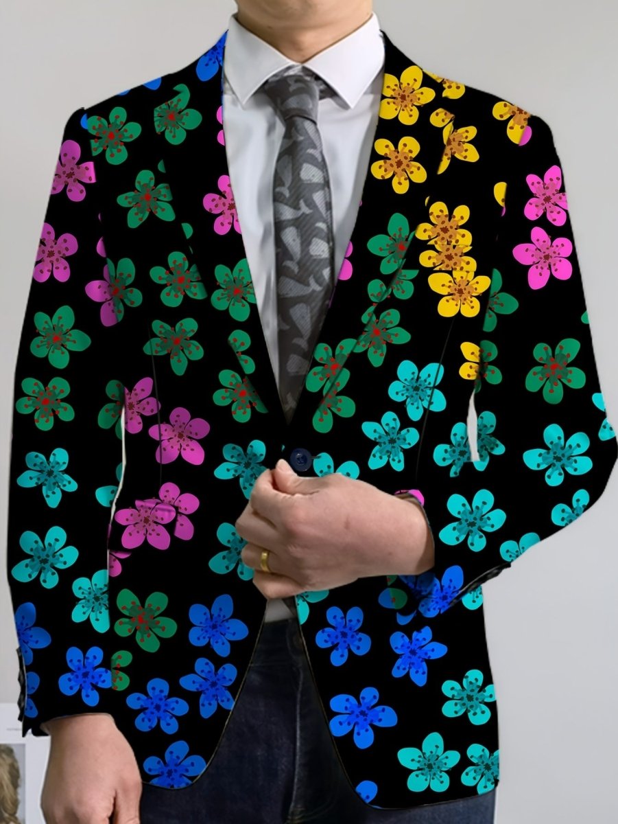 Men'S Floral Pattern Suit Jacket, Casual Lapel Collar, All - Season Polyester Blazer with Slight Stretch, Regular Fit, Button Detail, Woven Fabric, 280gsm Weight - Elegant Formal Wear - SHOWLU FASHION STORE