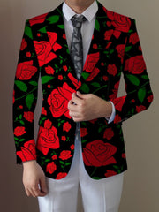 Men'S Floral Pattern Suit Jacket, Casual Lapel Collar, All - Season Polyester Blazer with Slight Stretch, Regular Fit, Button Detail, Woven Fabric, 280gsm Weight - Elegant Formal Wear - SHOWLU FASHION STORE