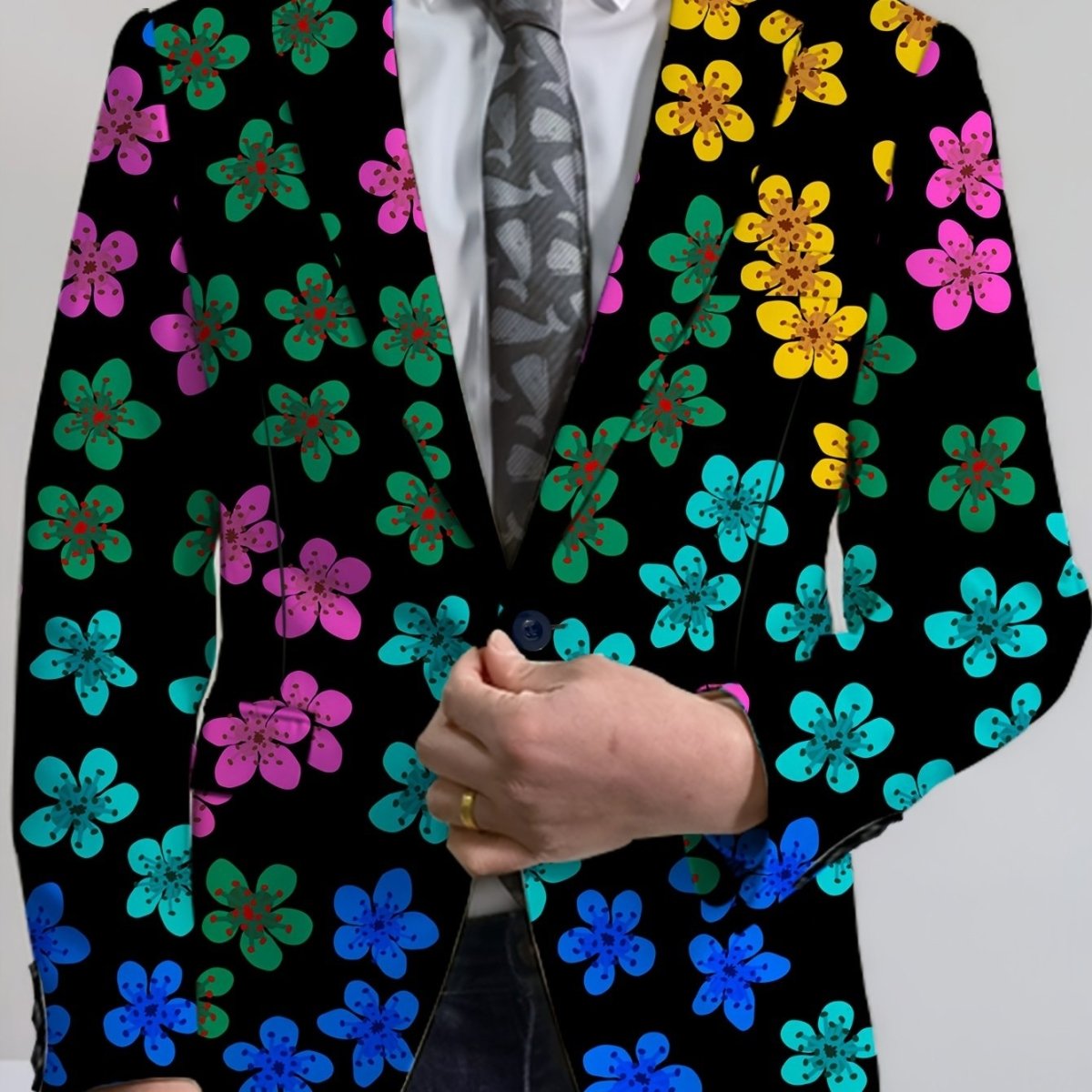 Men'S Floral Pattern Suit Jacket, Casual Lapel Collar, All - Season Polyester Blazer with Slight Stretch, Regular Fit, Button Detail, Woven Fabric, 280gsm Weight - Elegant Formal Wear - SHOWLU FASHION STORE