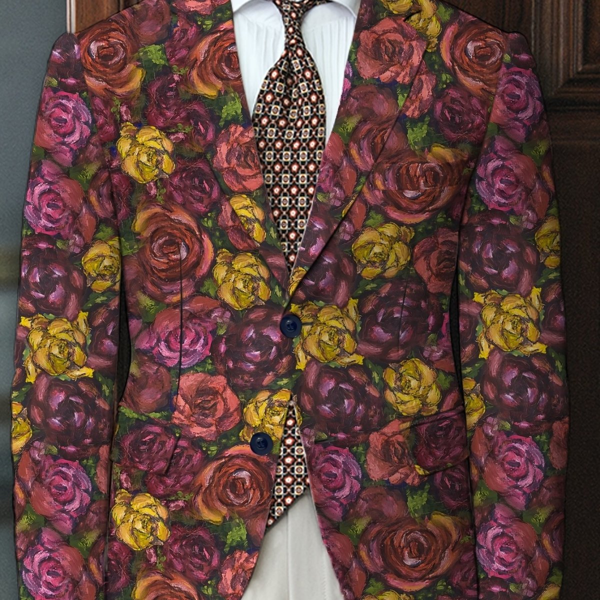 Men'S Floral Pattern Suit Jacket, Casual Lapel Collar, All - Season Polyester Blazer with Slight Stretch, Regular Fit, Button Detail, Woven Fabric, 280gsm Weight - Elegant Formal Wear - SHOWLU FASHION STORE