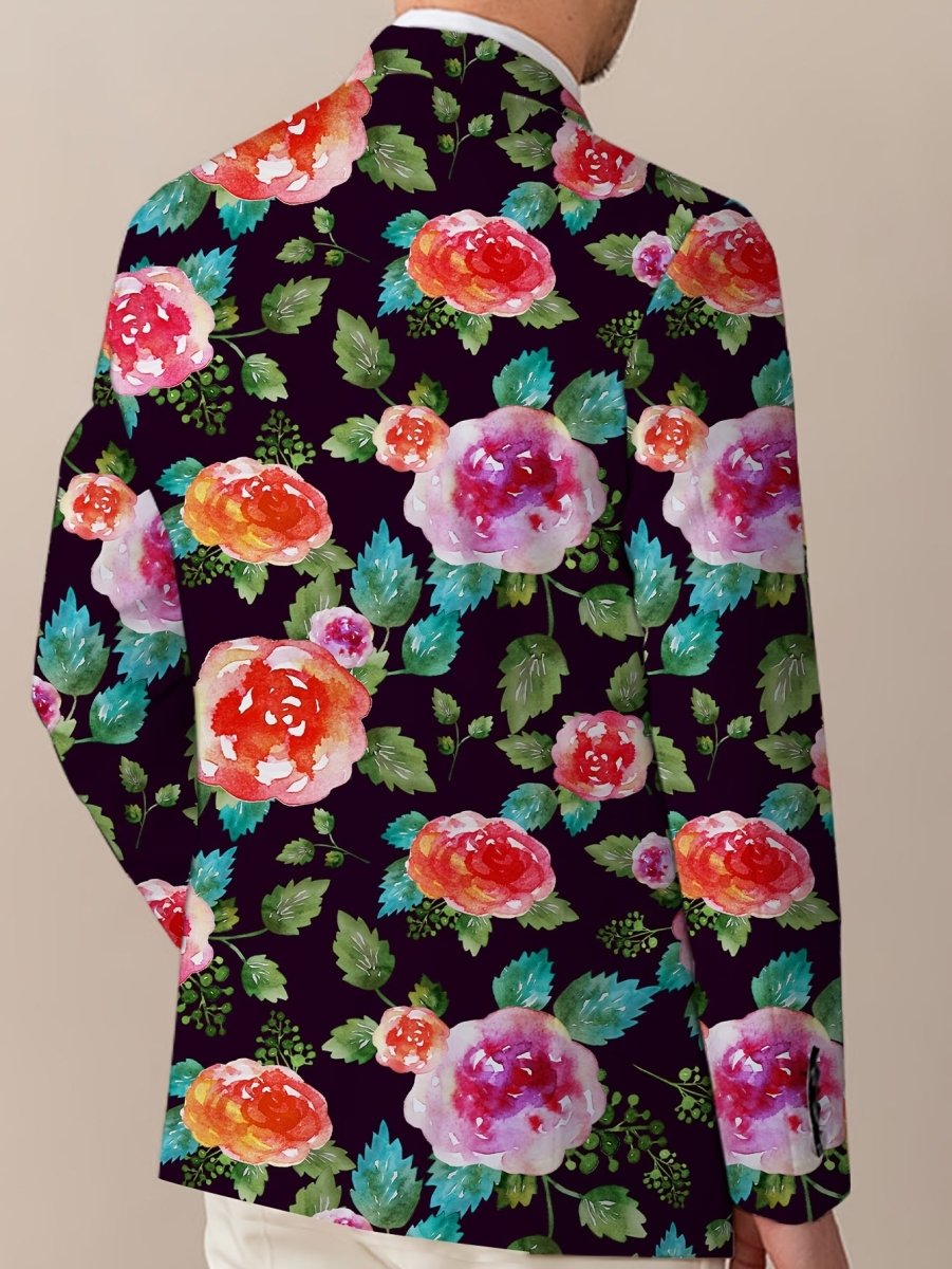 Men'S Floral Pattern Suit Jacket, Casual Lapel Collar, All - Season Polyester Blazer with Slight Stretch, Regular Fit, Button Detail, Woven Fabric, 280gsm Weight - Elegant Formal Wear - SHOWLU FASHION STORE