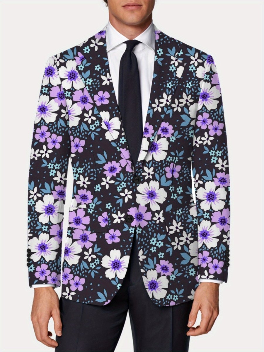 Men'S Floral Print Blazer, 100% Polyester, All - Season Lapel Collar, Slight Stretch, Regular Fit, Mature Style, Button Detail, 280gsm - Elegant Casual Suit Jacket for Men - SHOWLU FASHION STORE