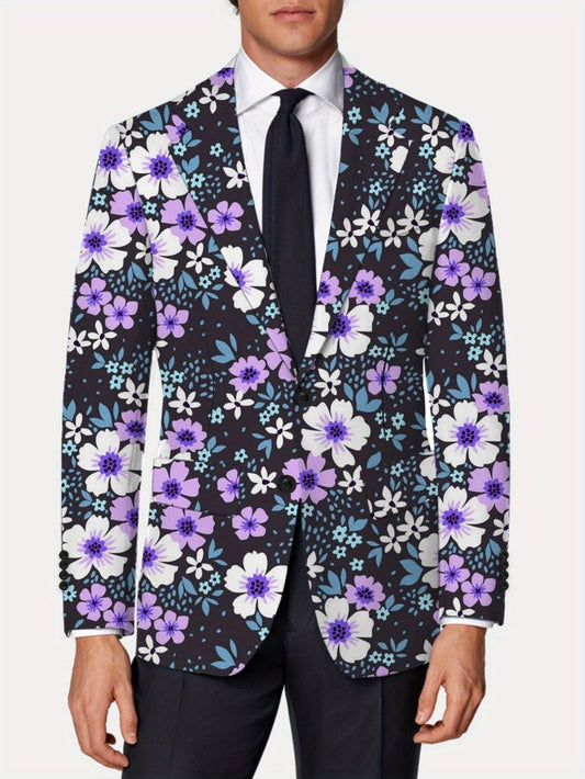 Men'S Floral Print Blazer, 100% Polyester, All - Season Lapel Collar, Slight Stretch, Regular Fit, Mature Style, Button Detail, 280gsm - Elegant Casual Suit Jacket for Men - SHOWLU FASHION STORE