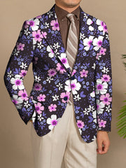 Men'S Floral Print Blazer, 100% Polyester, All - Season Lapel Collar, Slight Stretch, Regular Fit, Mature Style, Button Detail, 280gsm - Elegant Casual Suit Jacket for Men - SHOWLU FASHION STORE