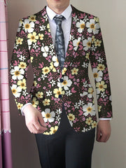 Men'S Floral Print Blazer, 100% Polyester, All - Season Lapel Collar, Slight Stretch, Regular Fit, Mature Style, Button Detail, 280gsm - Elegant Casual Suit Jacket for Men - SHOWLU FASHION STORE