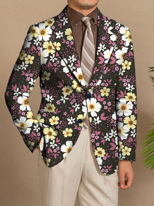 Men'S Floral Print Blazer, 100% Polyester, All - Season Lapel Collar, Slight Stretch, Regular Fit, Mature Style, Button Detail, 280gsm - Elegant Casual Suit Jacket for Men - SHOWLU FASHION STORE