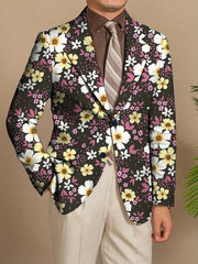 Men'S Floral Print Blazer, 100% Polyester, All - Season Lapel Collar, Slight Stretch, Regular Fit, Mature Style, Button Detail, 280gsm - Elegant Casual Suit Jacket for Men - SHOWLU FASHION STORE