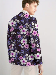 Men'S Floral Print Blazer, 100% Polyester, All - Season Lapel Collar, Slight Stretch, Regular Fit, Mature Style, Button Detail, 280gsm - Elegant Casual Suit Jacket for Men - SHOWLU FASHION STORE