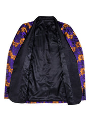 A purple and orange floral print men's blazer featuring a shawl lapel and one-button closure.