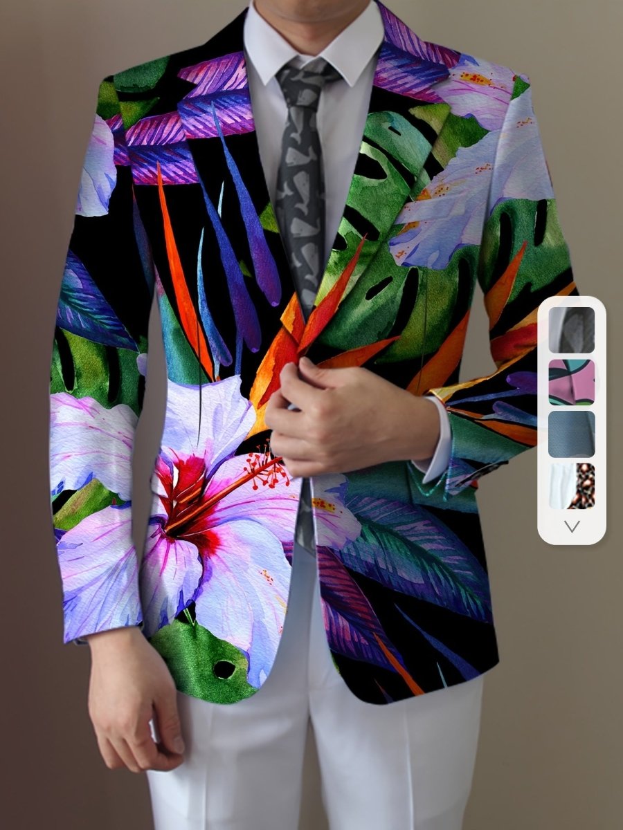 Men's Floral Print Blazer - Lightweight Polyester Jacket with Vibrant Tulip & Anemone Design, Casual Two - Button Suit Coat for All Seasons, Hand Wash or Dry Clean - SHOWLU FASHION STORE