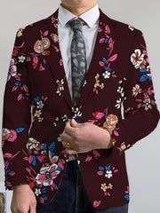 Men's Floral Print Blazer - Stylish Navy Blue Jacket with Vibrant Red, White & Blue Flowers, Two Button Design, Perfect for Casual or Formal Occasions, Versatile Menswear | Street Style Suit | Woven Construction - SHOWLU FASHION STORE