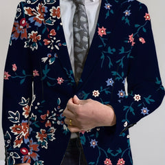 Men's Floral Print Blazer - Stylish Navy Blue Jacket with Vibrant Red, White & Blue Flowers, Two Button Design, Perfect for Casual or Formal Occasions, Versatile Menswear | Street Style Suit | Woven Construction - SHOWLU FASHION STORE